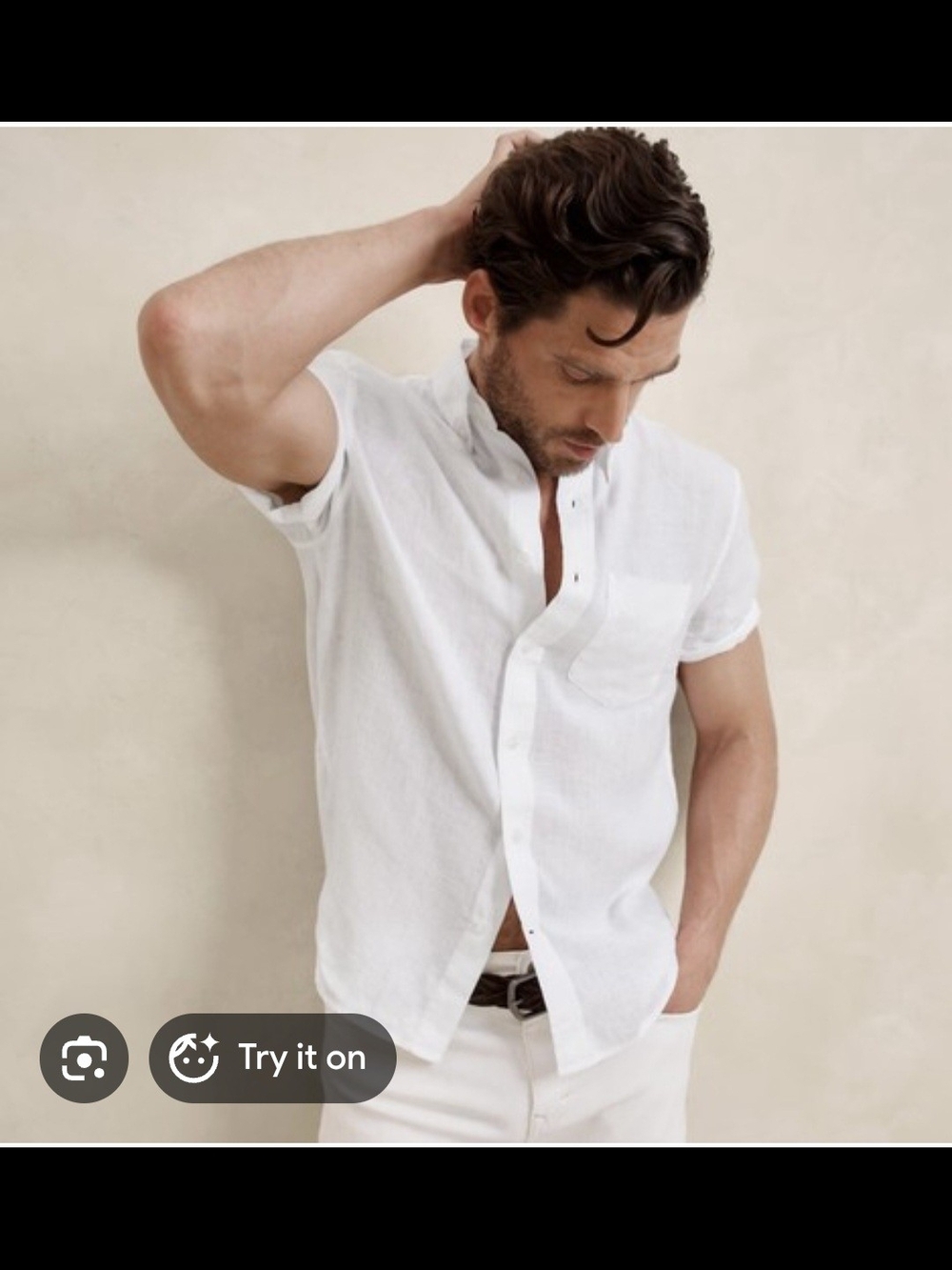 Banana Republic White Short-Sleeve Button-Down Shirt Linen Slim Fit. Size XL